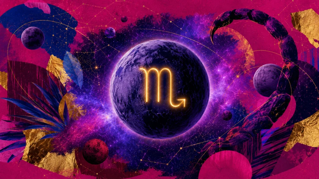 Kosmische Collage für Skorpion mit Skorpionschwanz, Planeten und leuchtendem Tierkreiszeichen