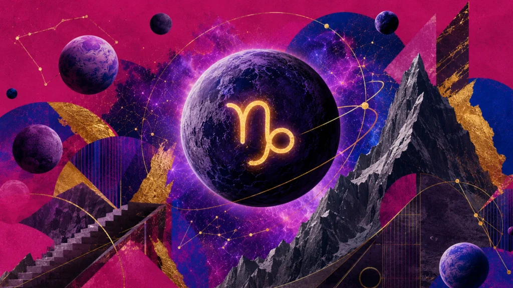 Kosmische Collage für Steinbock mit Bergen, Planeten und leuchtendem Tierkreiszeichen