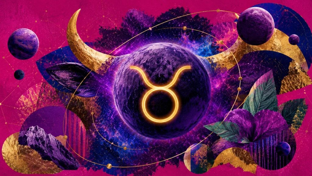 Kosmische Collage für Stier mit Hörnern, Pflanzen, Planeten und leuchtendem Tierkreiszeichen