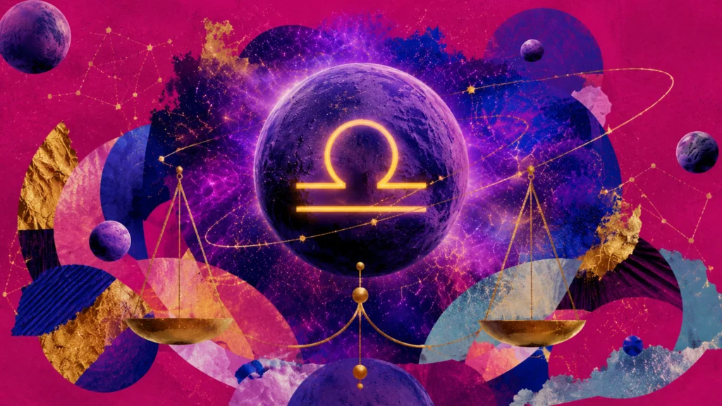 Kosmische Collage für Waage mit Waagschalen, Planeten und leuchtendem Tierkreiszeichen