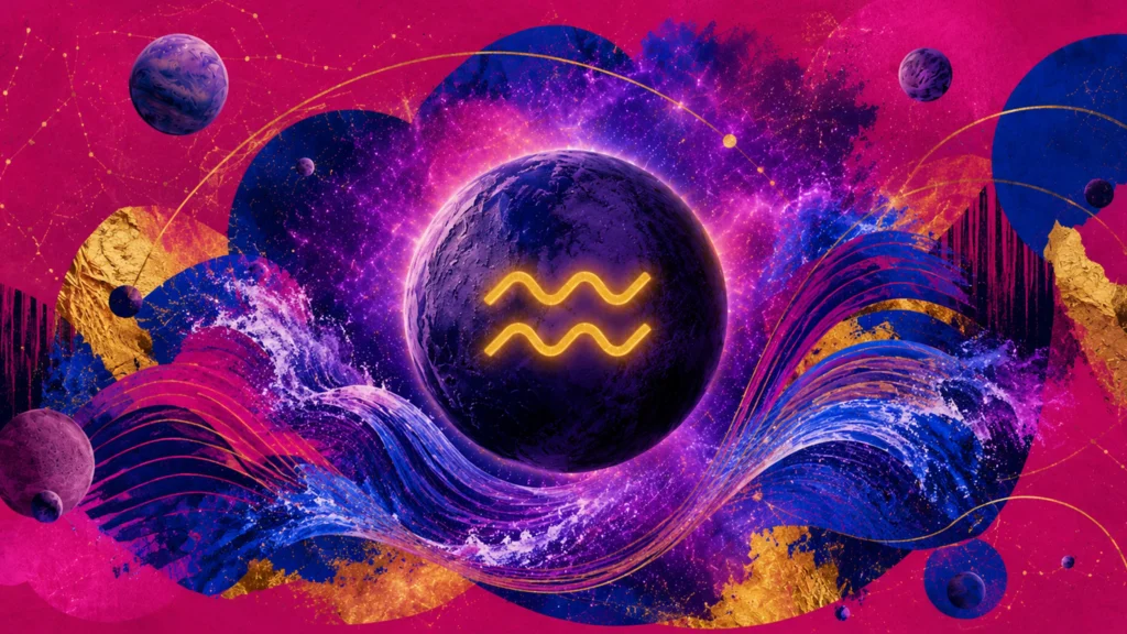 Kosmische Collage für Wassermann mit Wellen, Planeten und leuchtendem Tierkreiszeichen