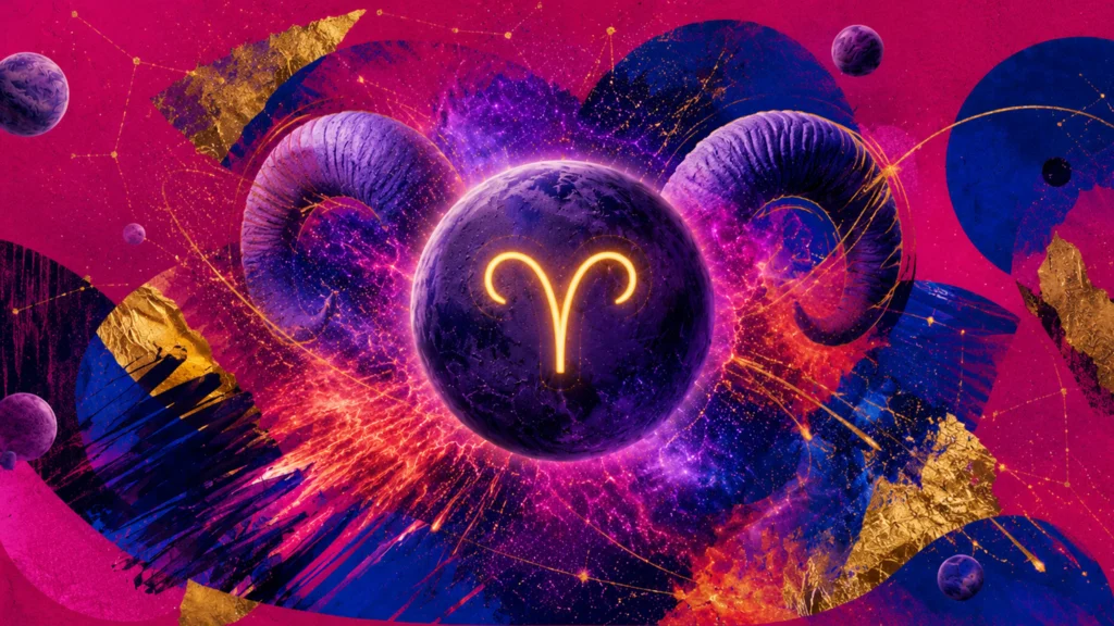 Kosmische Collage für Widder mit Hörnern, Planeten und leuchtendem Tierkreiszeichen