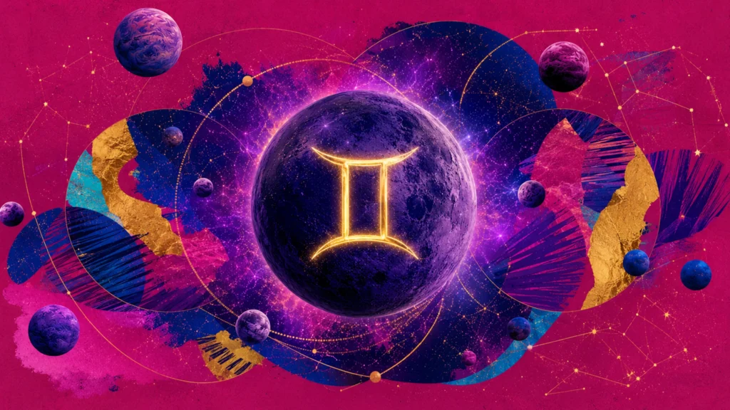 Kosmische Collage für Zwillinge mit Planeten, Farbbahnen und leuchtendem Tierkreiszeichen