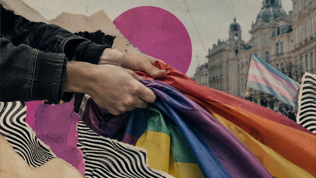 Hände einer jungen Person halten eine Regenbogenflagge bei einer LGBTIQ Mobilisierung in Österreich 2026