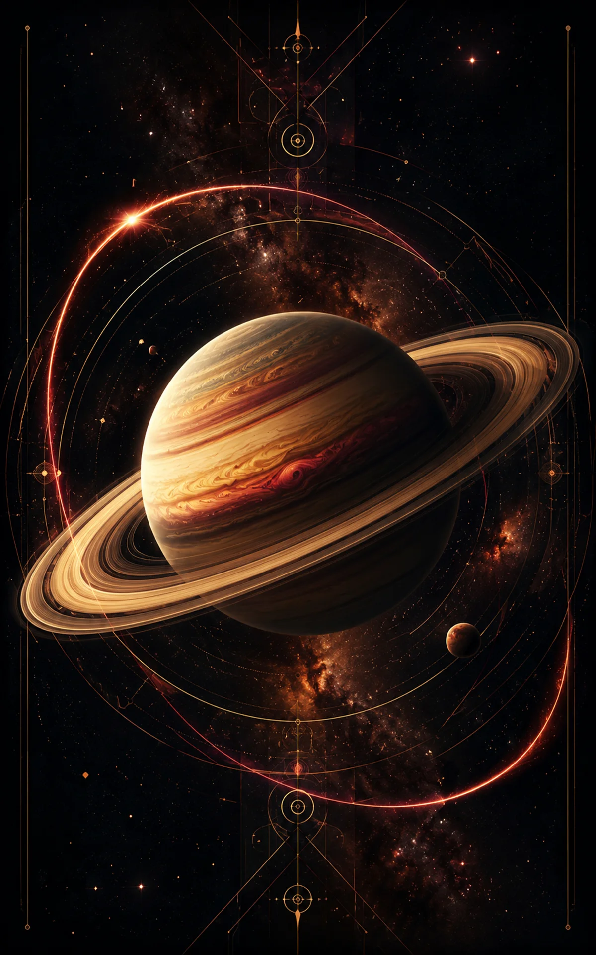 Saturn mit Ringen vor rotem Nachthimmel als Symbol für das Saturn rückläufig 2026 Horoskop im Widder