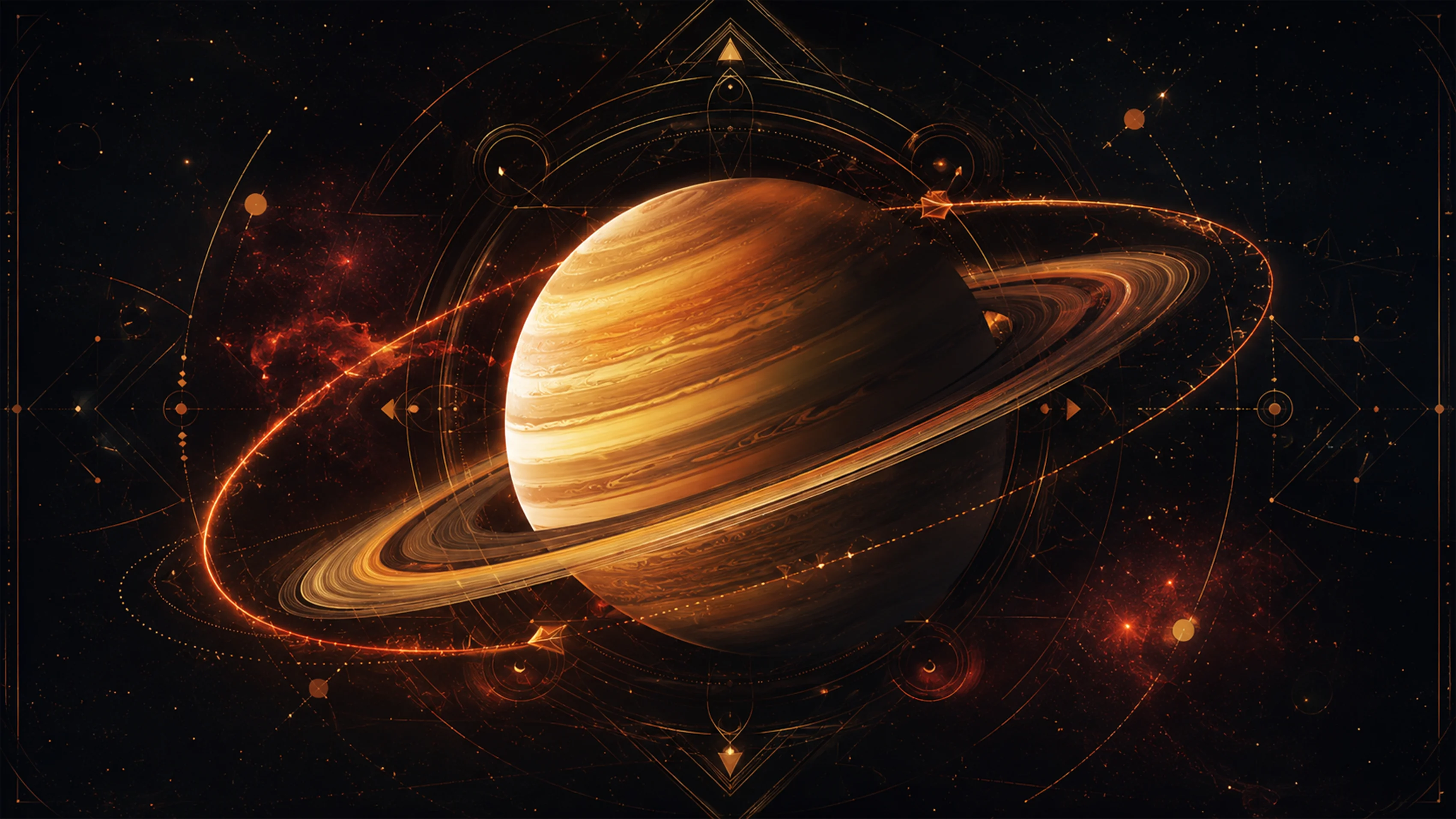 Saturn mit Ringen vor rotem Nachthimmel als Symbol für das Saturn rückläufig 2026 Horoskop im Widder