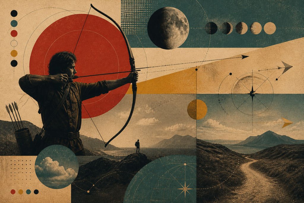 Collage für Schütze mit Bogenschützen, Mondphasen und Berglandschaft