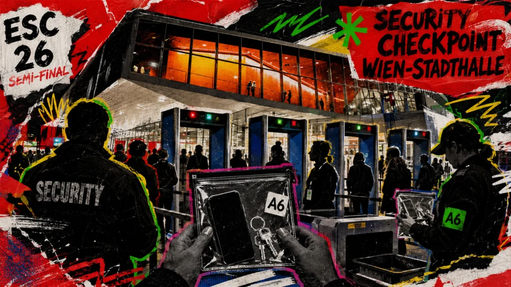 Sicherheitspersonal kontrolliert transparente A6-Taschen am Eingang der Wiener Stadthalle vor dem ESC-Halbfinale.