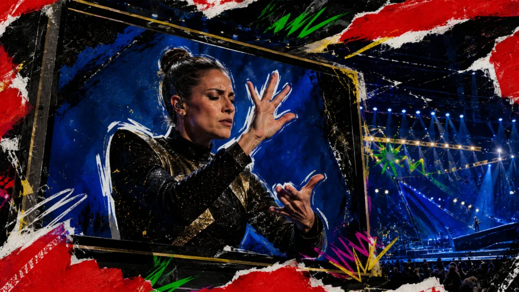 Gehörlose Performerin in ausdrucksstarker Choreografie auf dediziertem Sign Performance Screen neben der ESC-Hauptbühne.