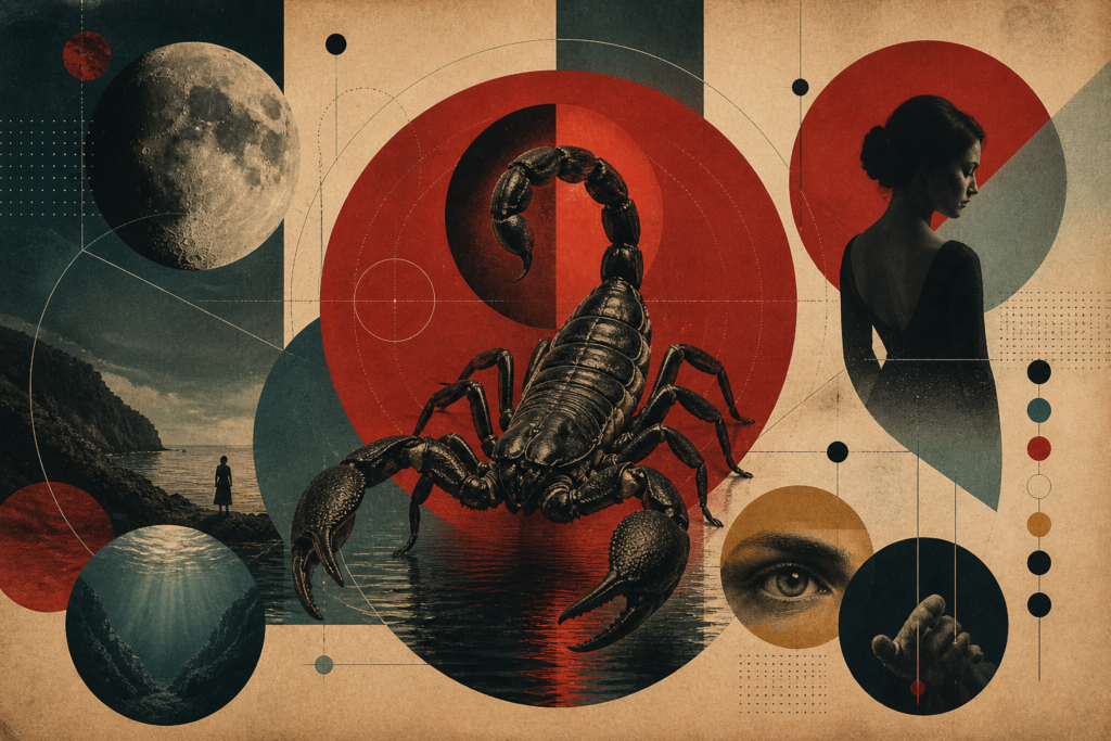 Collage für Skorpion mit Skorpion, Mond, Planeten und menschlichen Silhouetten