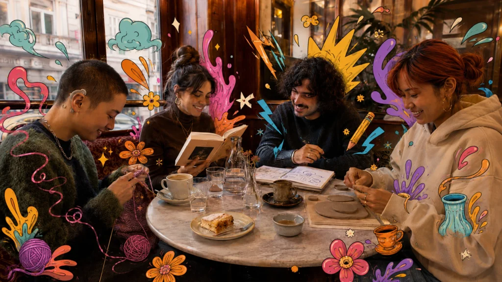 Vier junge Personen mit Strickzeug, Buch, Skizze und Keramik in einem österreichischen Kaffeehaus, ruhiges Beisammensein.