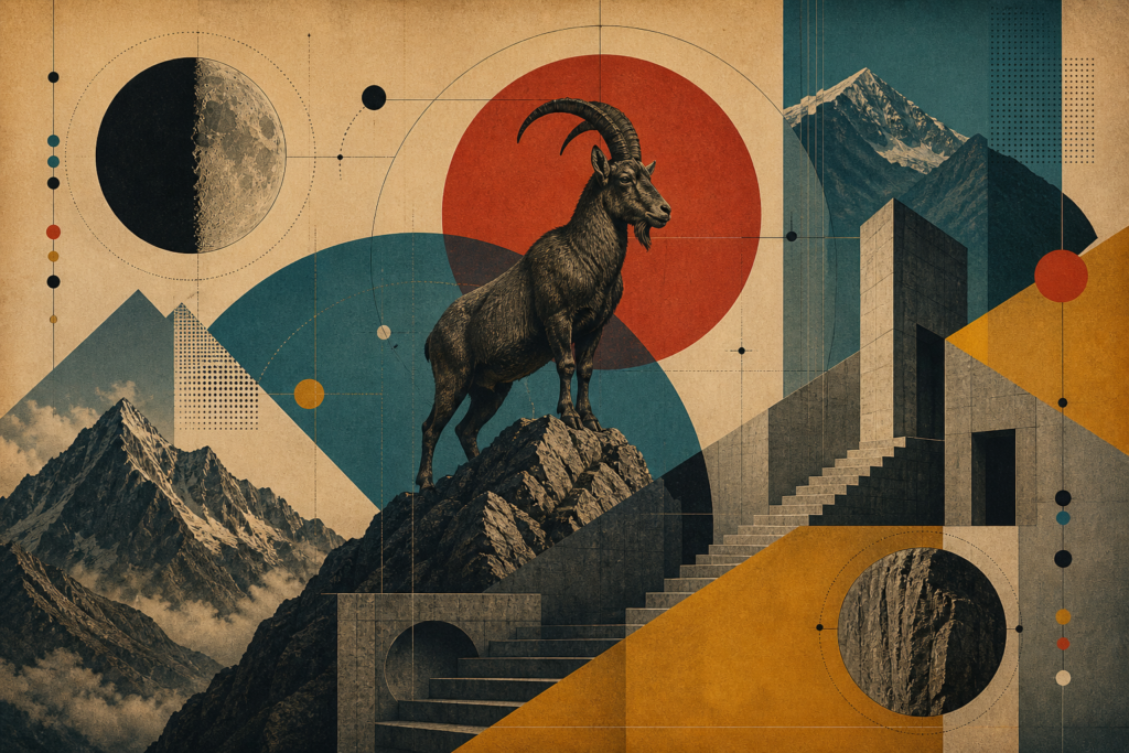 Collage für Steinbock mit Steinbock auf einem Felsen, Mond und Berglandschaft