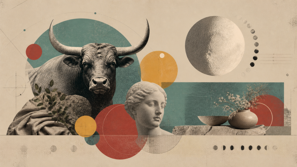 Collage für Stier mit Stier, Büste, Mond und geometrischen Formen