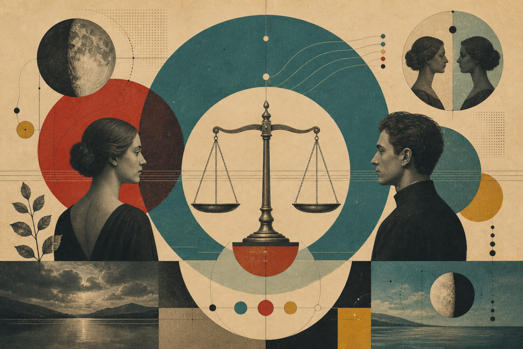 Collage für Waage mit Waagschalen, zwei Personen, Mond und geometrischen Formen