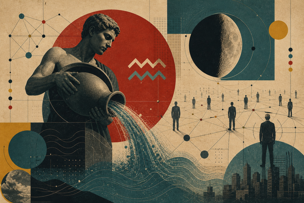 Collage für Wassermann mit Wasserträger, Mond, Wellen und Stadtlandschaft