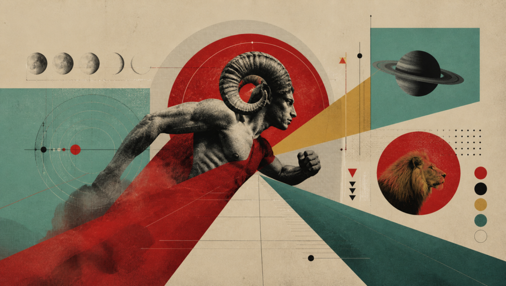 Collage für Widder mit laufendem Widder, Mondphasen und Saturn