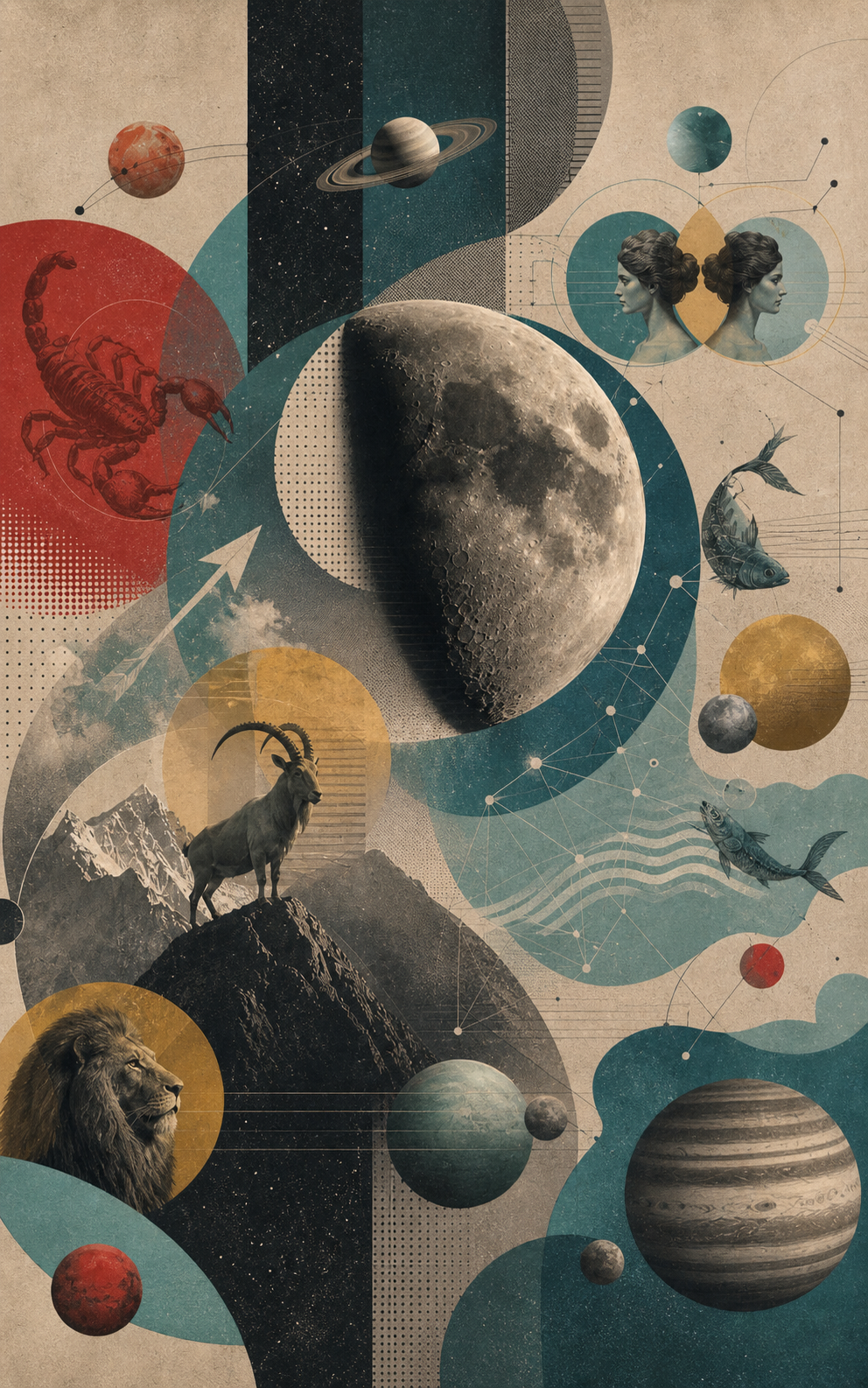 Kosmische Collage mit Mond, Planeten und abstrakten Formen