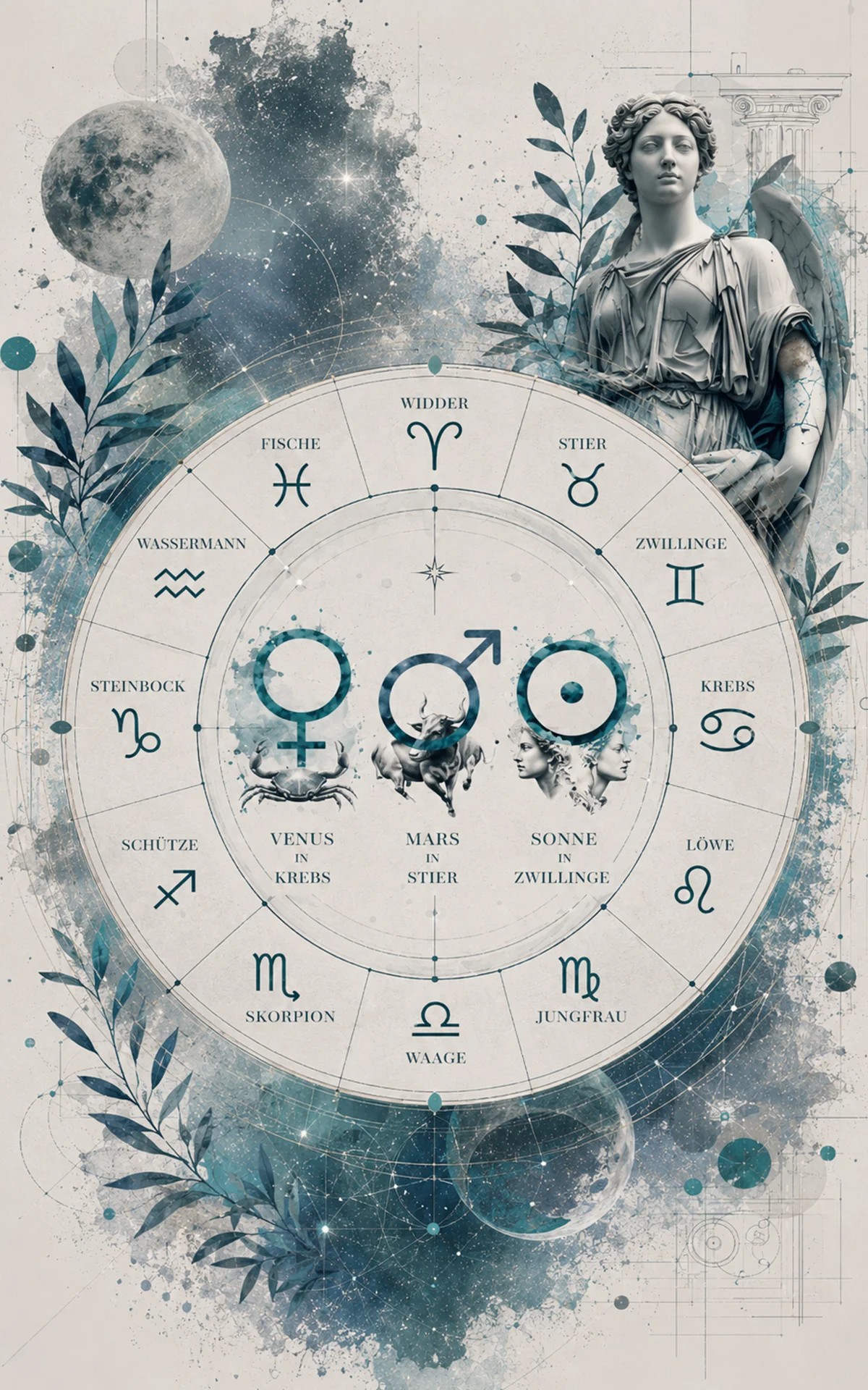 Tierkreis mit zwölf Sternzeichen und Symbolen für Venus, Mars und Sonne, Wochenhoroskop Mai 2026