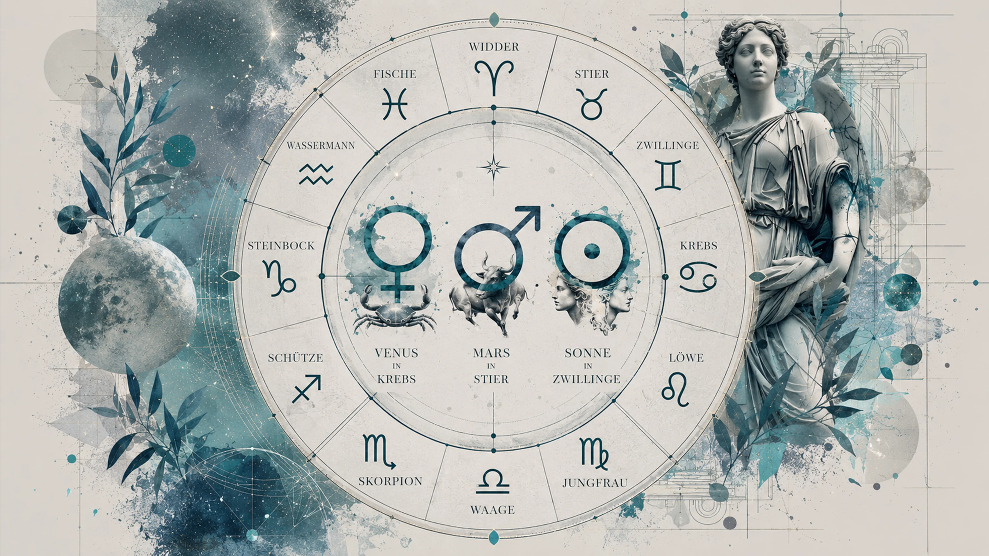 Tierkreis mit zwölf Sternzeichen und Symbolen für Venus, Mars und Sonne, Wochenhoroskop Mai 2026
