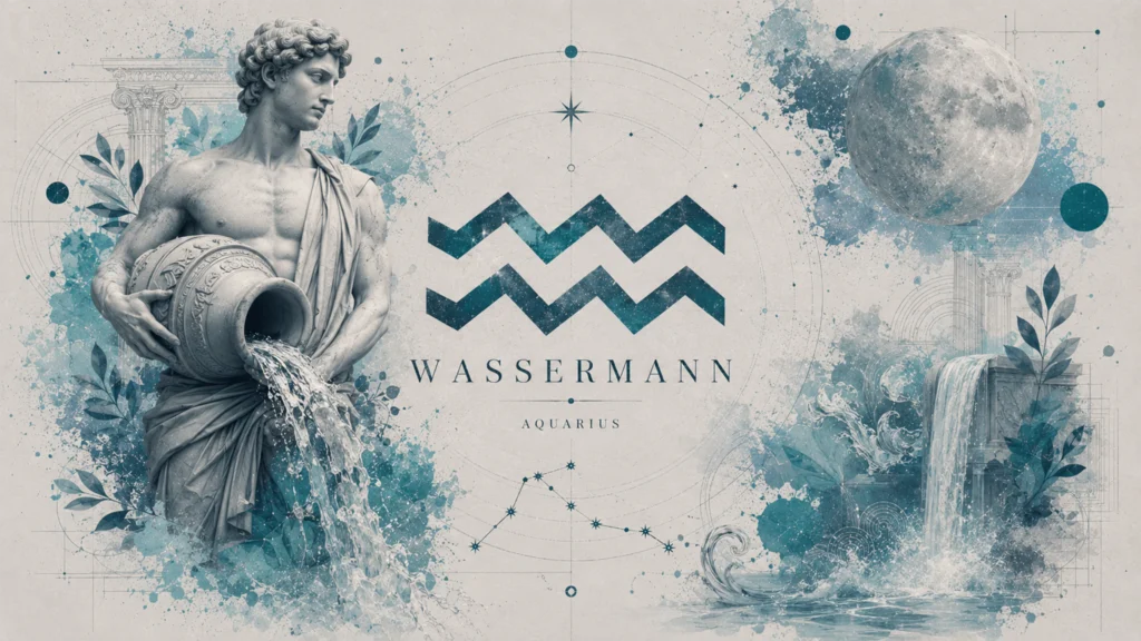 Tierkreis mit zwölf Sternzeichen und Symbolen für Venus, Mars und Sonne, Wochenhoroskop Mai 2026
wassermann