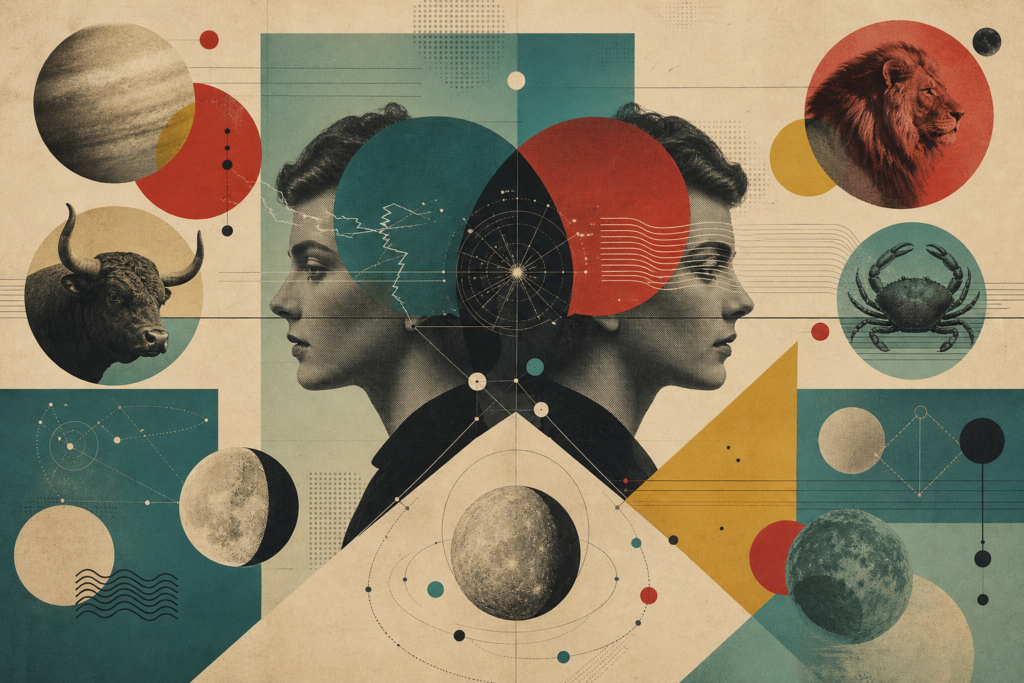 Collage für Zwillinge mit zwei Profilen, Planeten und geometrischen Formen