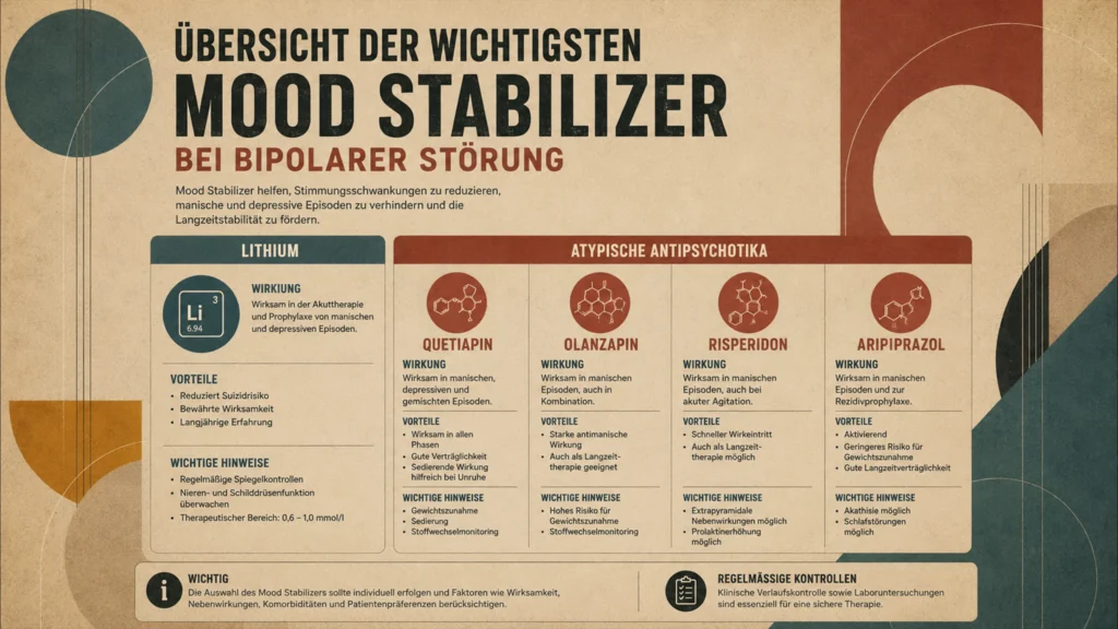 Uebersicht der wichtigsten Mood Stabilizer fuer bipolare Stoerung mit Lithium und atypischen Antipsychotika
