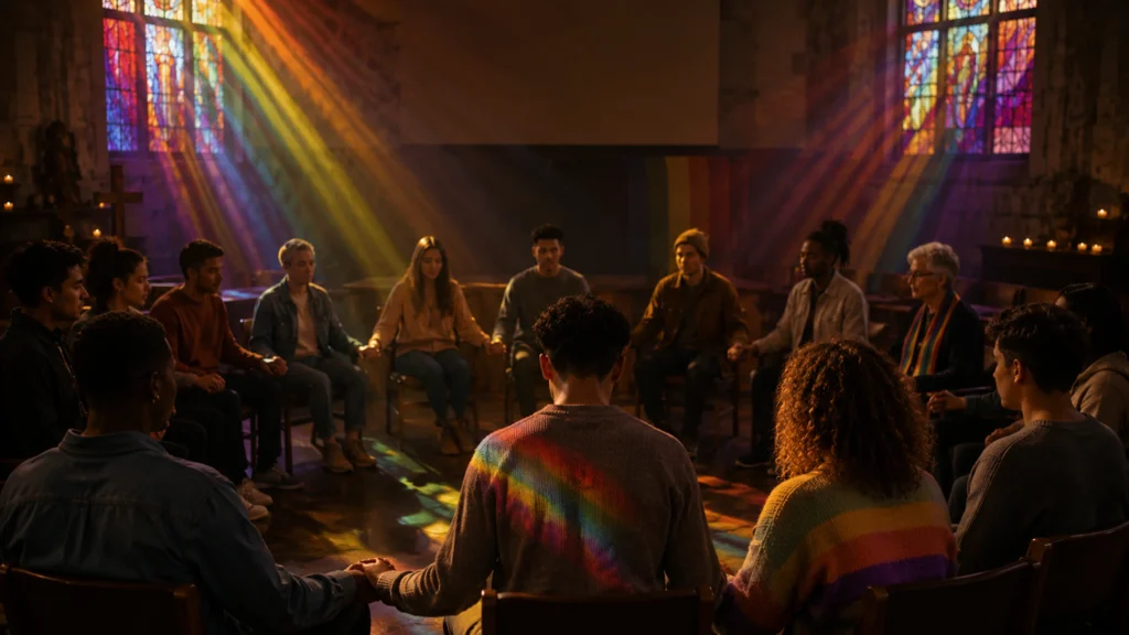 Hände verschiedener Menschen übereinander gelegt vor einer Regenbogenfahne, Symbol für affirmative Glaubensgemeinschaften