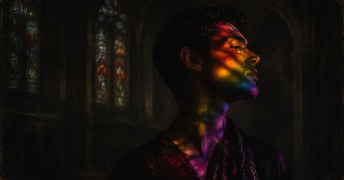 Regenbogenlicht fällt durch ein Kirchenfenster auf leere Holzbänke, Symbol für Glaube und LGBTIQ Identität