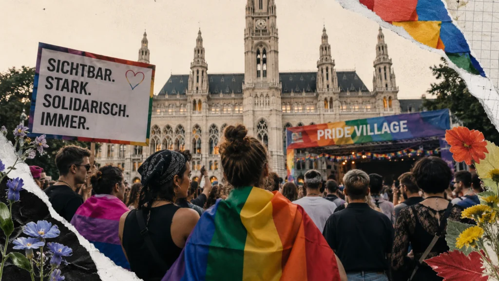 Menschen versammeln sich beim Pride Village in Wien als sichtbares Zeichen für Vielfalt