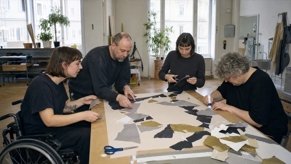 Vier Erwachsene gestalten in einem barrierefreien Wiener Atelier gemeinsam eine unvollendete Collage.