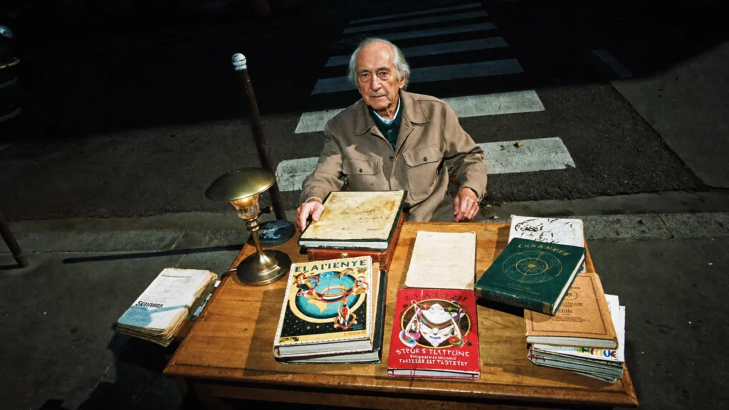 Symbolisches Porträt von André Barbault bei der Arbeit mit Ephemeriden und historischen Planetenzyklen.