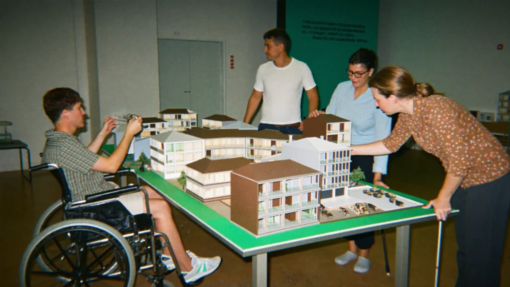 Vier Menschen mit unterschiedlichen Mobilitätserfahrungen arbeiten gemeinsam an einem Stadtmodell in einer Wiener Werkstatt.