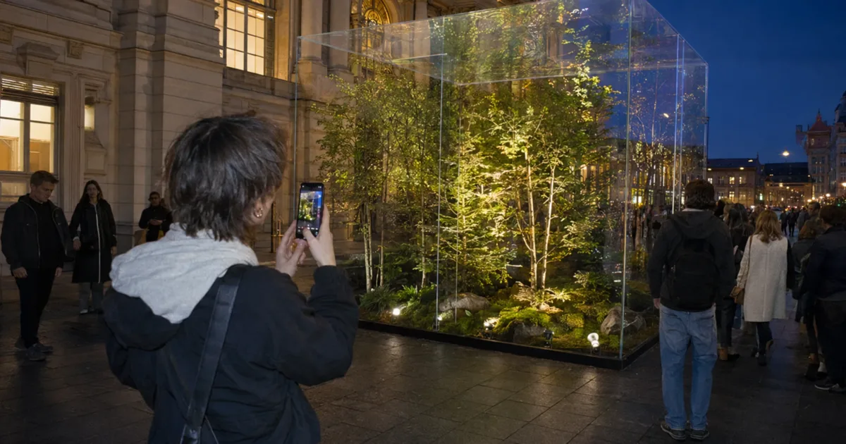 Eine junge Person fotografiert in Wien eine absurde PR-Installation vor einem institutionellen Gebäude.