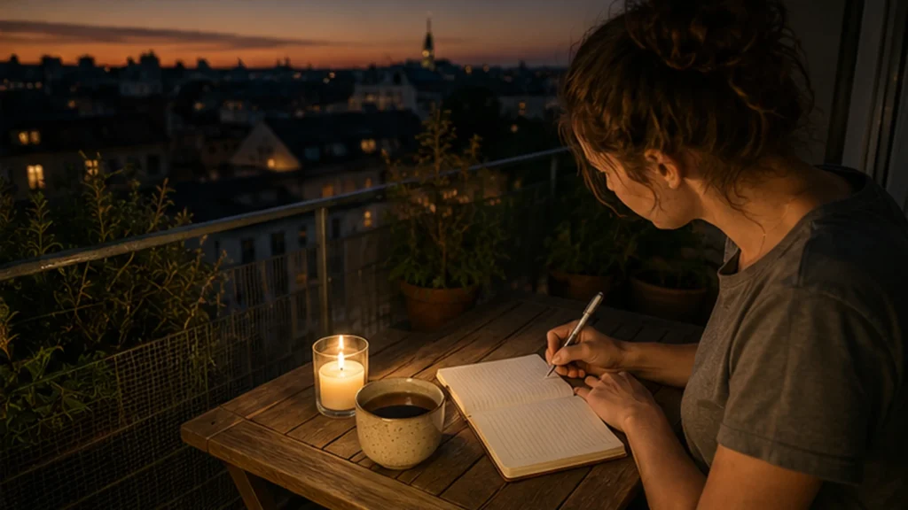 Neumond-Ritual zur Sonnenfinsternis im Löwen: Eine Person schreibt bei Kerzenlicht Intentionen in Wien.