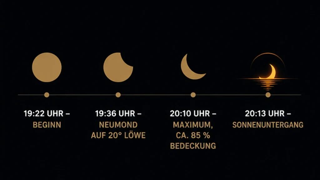 Zeitplan der partiellen Sonnenfinsternis am 12. August 2026 in Wien von 19:22 bis 20:13 Uhr.