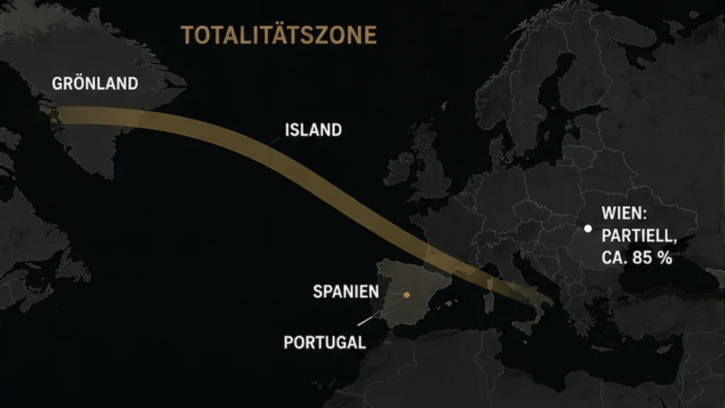 Karte der Sonnenfinsternis vom 12. August 2026 mit Totalitätszone über Grönland, Island und Spanien.