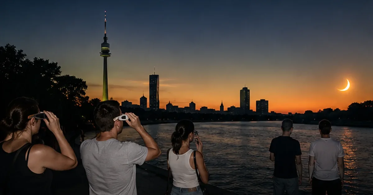 Partielle Sonnenfinsternis am 12. August 2026 über Wien: Sonnensichel bei Sonnenuntergang an der Donau