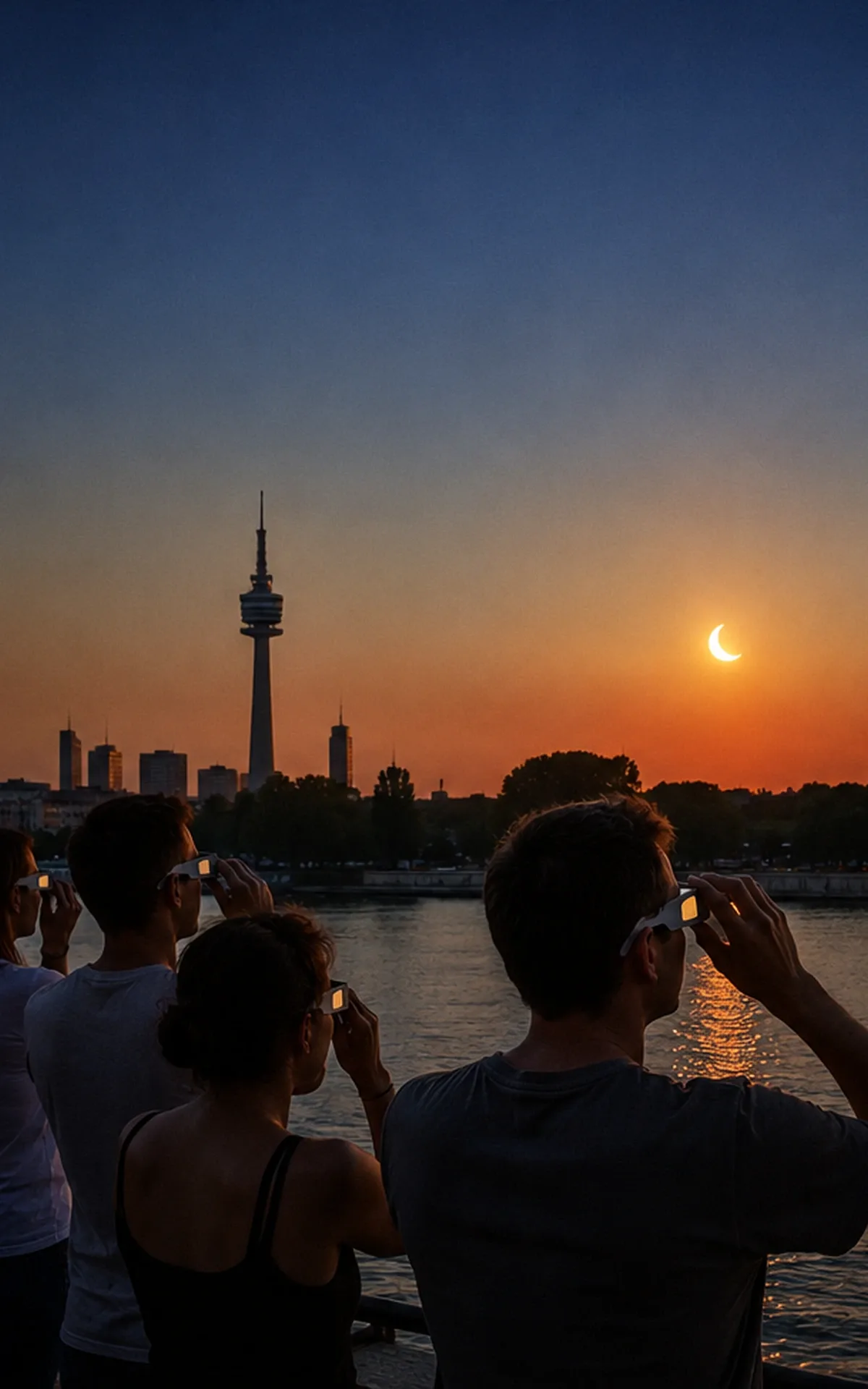 Partielle Sonnenfinsternis am 12. August 2026 über Wien: Sonnensichel bei Sonnenuntergang an der Donau.
