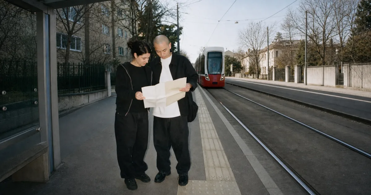 Zwei Erwachsene lesen an einer Wiener Straßenbahnhaltestelle gemeinsam einen Faltplan
