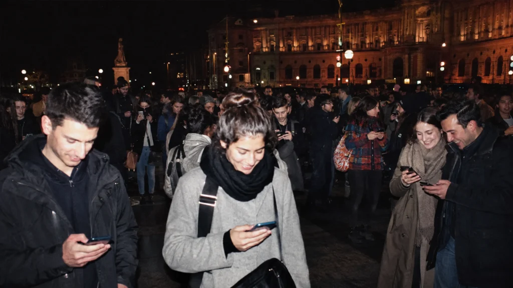 Eine Gruppe junger Erwachsener betrachtet und teilt satirische Inhalte auf Smartphones auf einem Wiener Platz.
