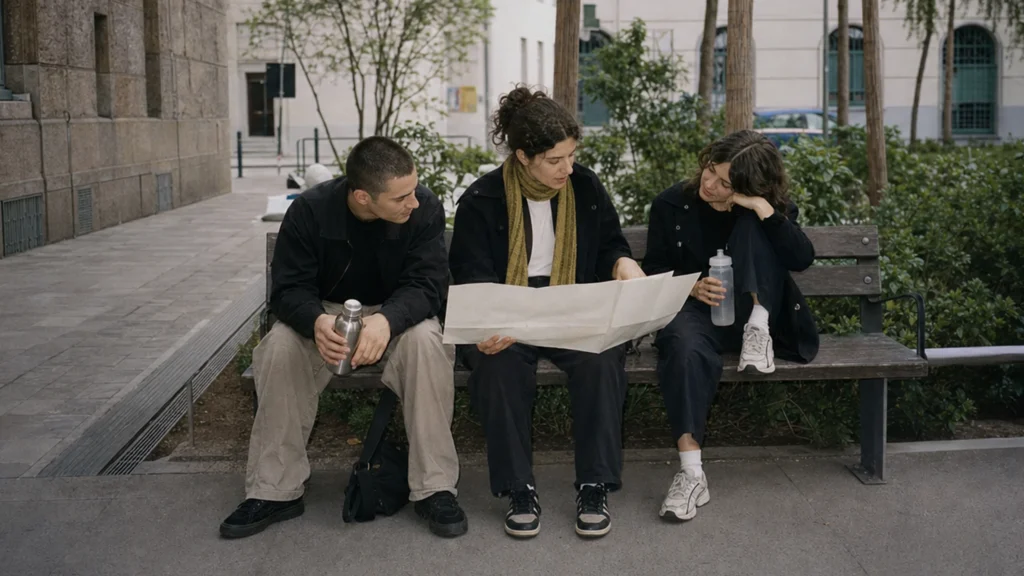 Drei Erwachsene besprechen auf einer Bank in Wien eine Route und machen gemeinsam Pause.