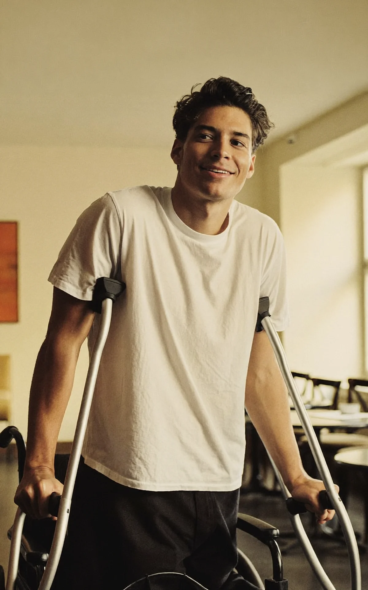 Confident young man in his early thirties standing on forearm crutches inside a bright Vienna cafe near Mariahilfer Strasse, warm golden window light, relaxed genuine smile.