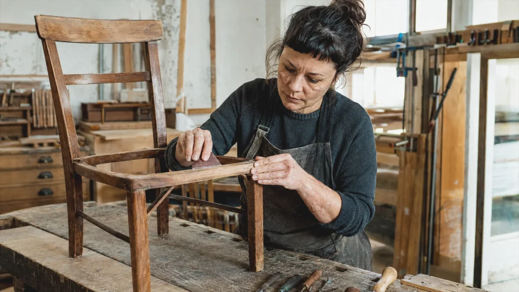 Eine Person mit verheilten Narben restauriert in einer Wiener Werkstatt einen Holzstuhl.