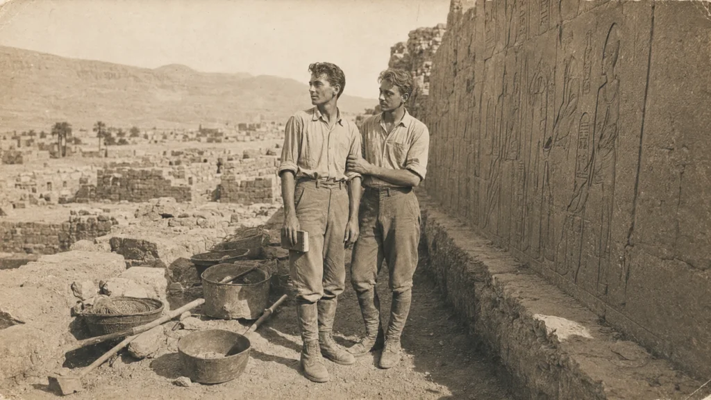 Zwei junge Archäologen stehen 1924 eng beieinander an einer Ausgrabung bei Luxor.