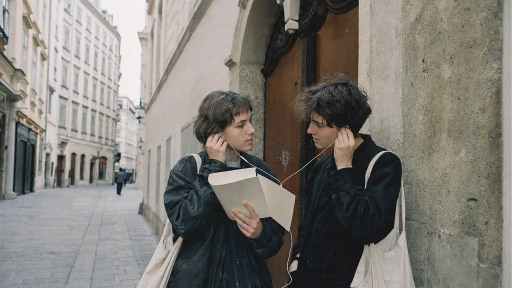  Junge Besucherin mit Kopfhörern in der Domgasse beim Mozarthaus Vienna.