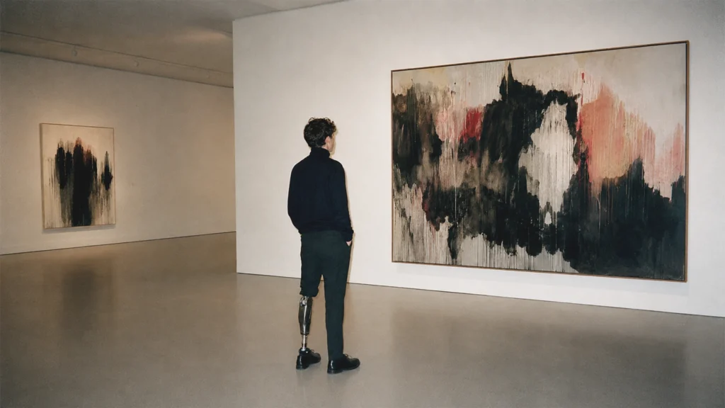 Besucher mit Beinprothese betrachtet zeitgenössische Kunst in einer Wiener Galerie.