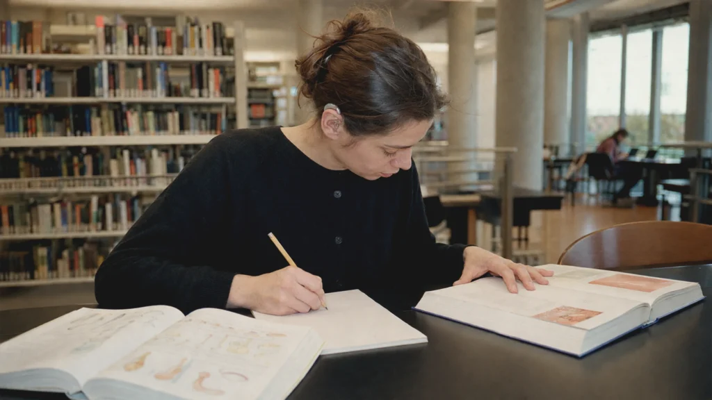 Eine Person mit Hörgerät vergleicht in einer Wiener Bibliothek Gesundheitsbücher und macht Notizen.