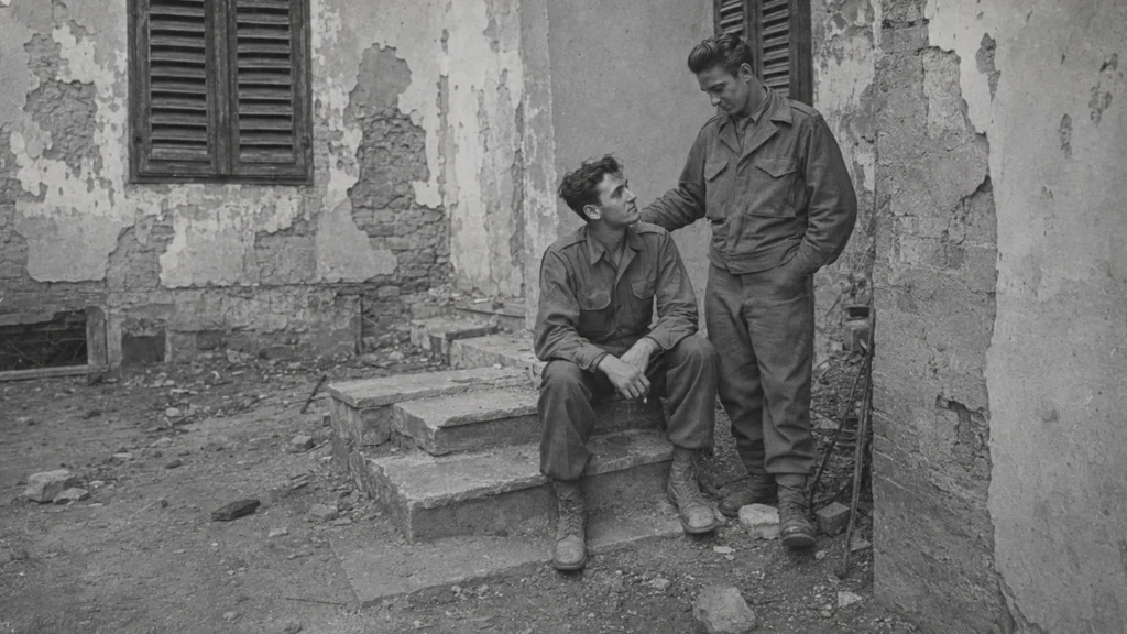 Zwei junge Soldaten teilen 1945 in einem beschädigten Wiener Hof einen stillen Moment.