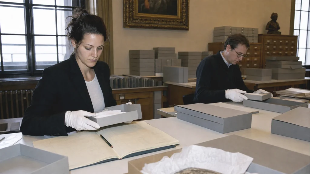 Forscherin prüft Archivmaterial zur Herkunft von Museumsobjekten.