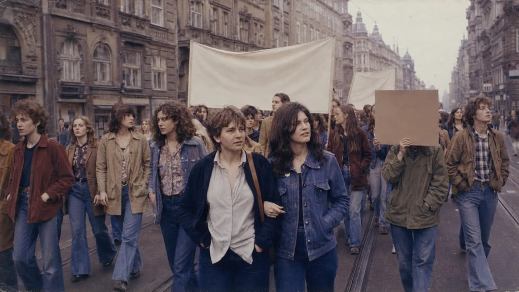Zwei junge Frauen gehen 1978 eng verbunden mit einer queeren Gruppe gemeinsam durch Wien.